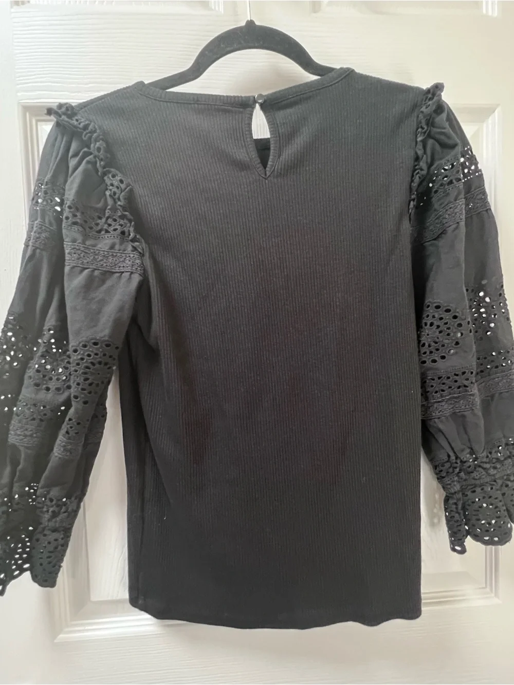 J. Crew Black Ribbed Knit Top with Eyelet Balloon Sleeves